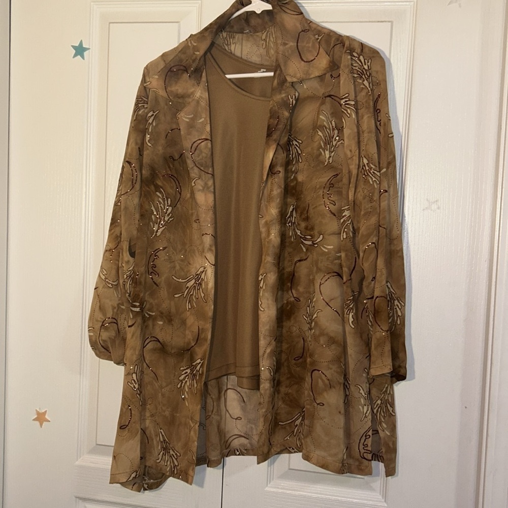 Elegant Brown Glitter Sheer Women's Jacket and Tank Top Set whimsigoth - Picture 9 of 9